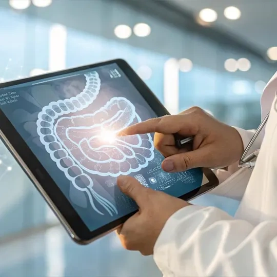 Médico segurando um tablet digital que exibe uma ilustração em raio-x do sistema digestivo humano (cólon e intestinos) com um ponto de luz indicando uma área de análise diagnóstica.