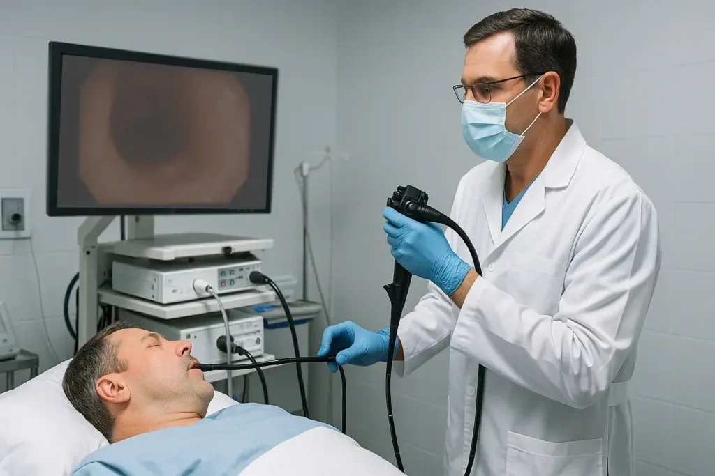 Médico de jaleco branco, máscara e luvas azuis realizando um exame de endoscopia ou colonoscopia em um paciente deitado, enquanto observa as imagens em tempo real em um monitor de alta definição.